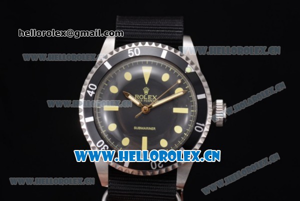 Rolex Submariner Vintage Asia 2813 Automatic Steel Case with Black Dial Black Nylon Strap and Dot Markers - Click Image to Close